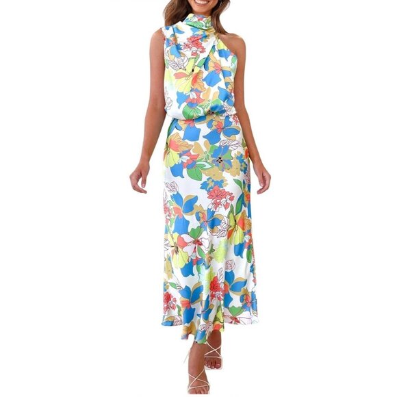 Pretty garden Women’s satin mock neck Floral dress size medium - Picture 1 of 13